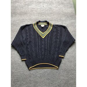 Vintage Sweater Mens XL Blue Cable Knit V Neck Heavyweight Preppy Cricket